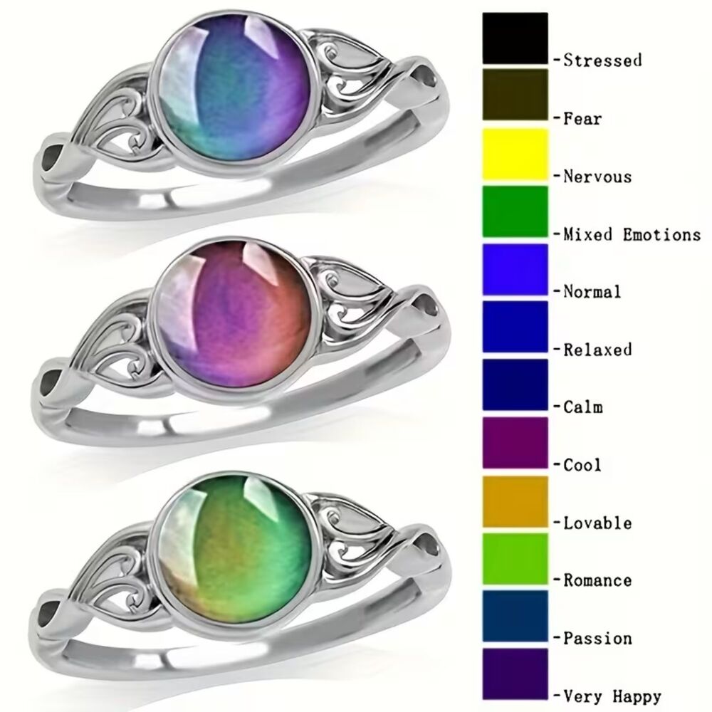 Oval Mood Ring Silver Band Color Changing Gemstone Retro Style Crystal sz: 8